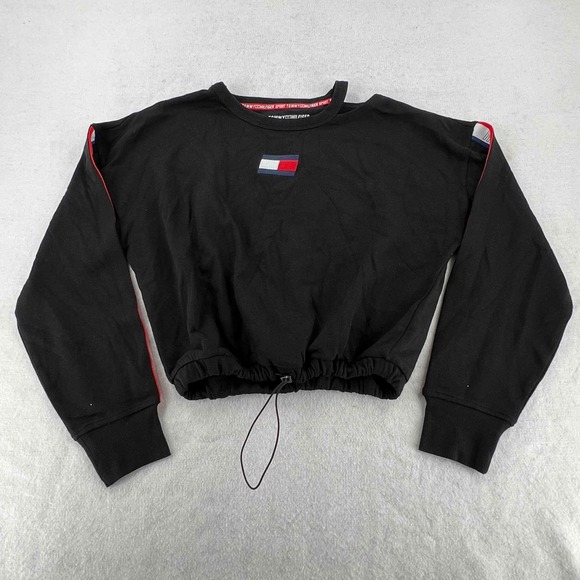 Tommy Hilfiger Shirt Women's Black Crop Top Long Sleeve Crew Neck Size Small - Picture 1 of 6